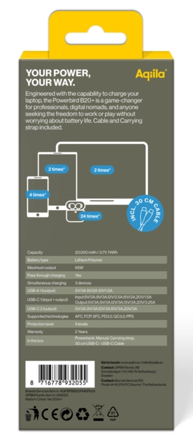 Aqiila Powerbird B20M+ 20000 mAh 65W Powerbank for mobile & laptop - Moss 